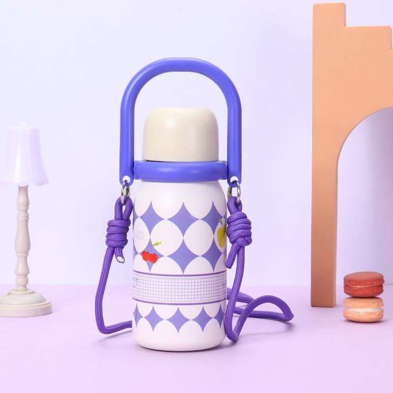 Cute Stainless Steel Insulated Water Bottle With Portable Handle Adjustable Strap For School Outdoor Activities Daily Use