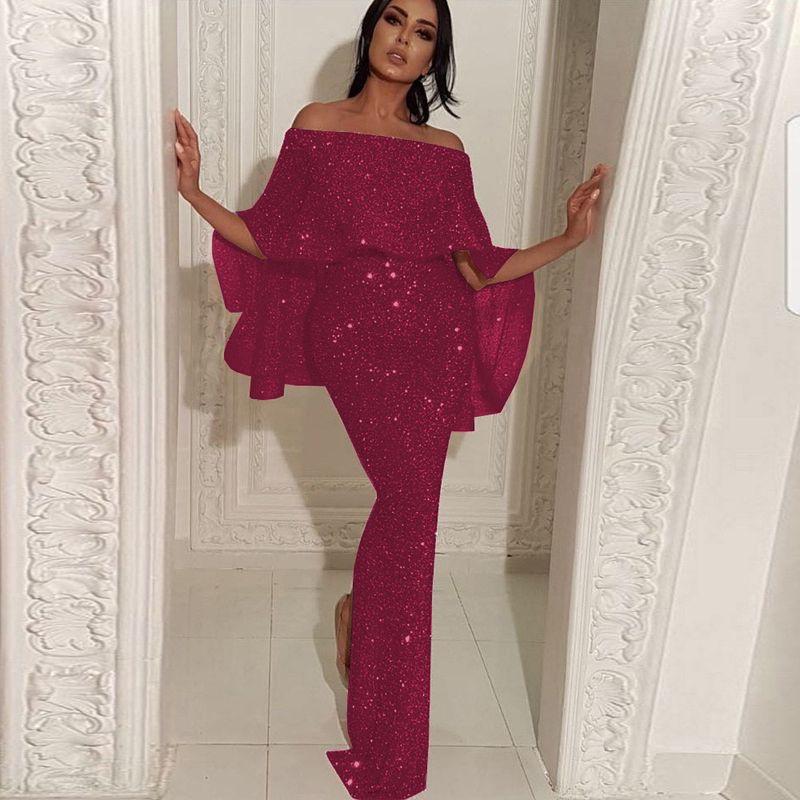 

2024 Мода Новинка Большие оборки Обернутый бюст Платье с открытыми плечами Блестящее облегающее платье с разрезом Вечернее платье Fuchsia M