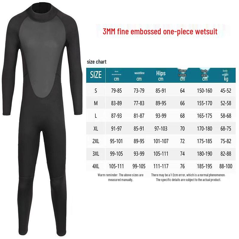 3MM Unisex Cold-Proof Diving Suit with Fine Embossing - One-Piece Surfing, Diving & Jellyfish Protection Suit