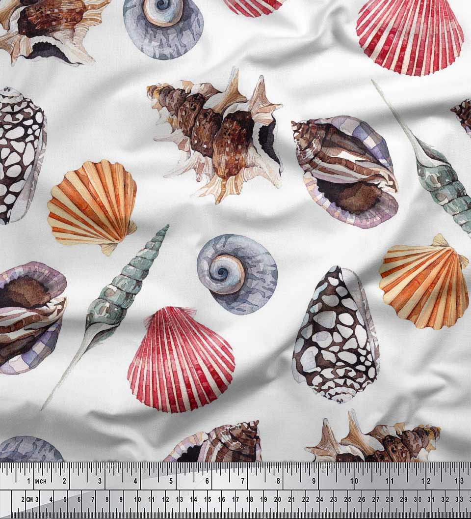 

Soimoi Japan Crepe Satin Тканина з барвистими мушлями Ocean Printed Тканина 1 метр 42 дюйма 42 Inch Wide - Poly Crepe білий