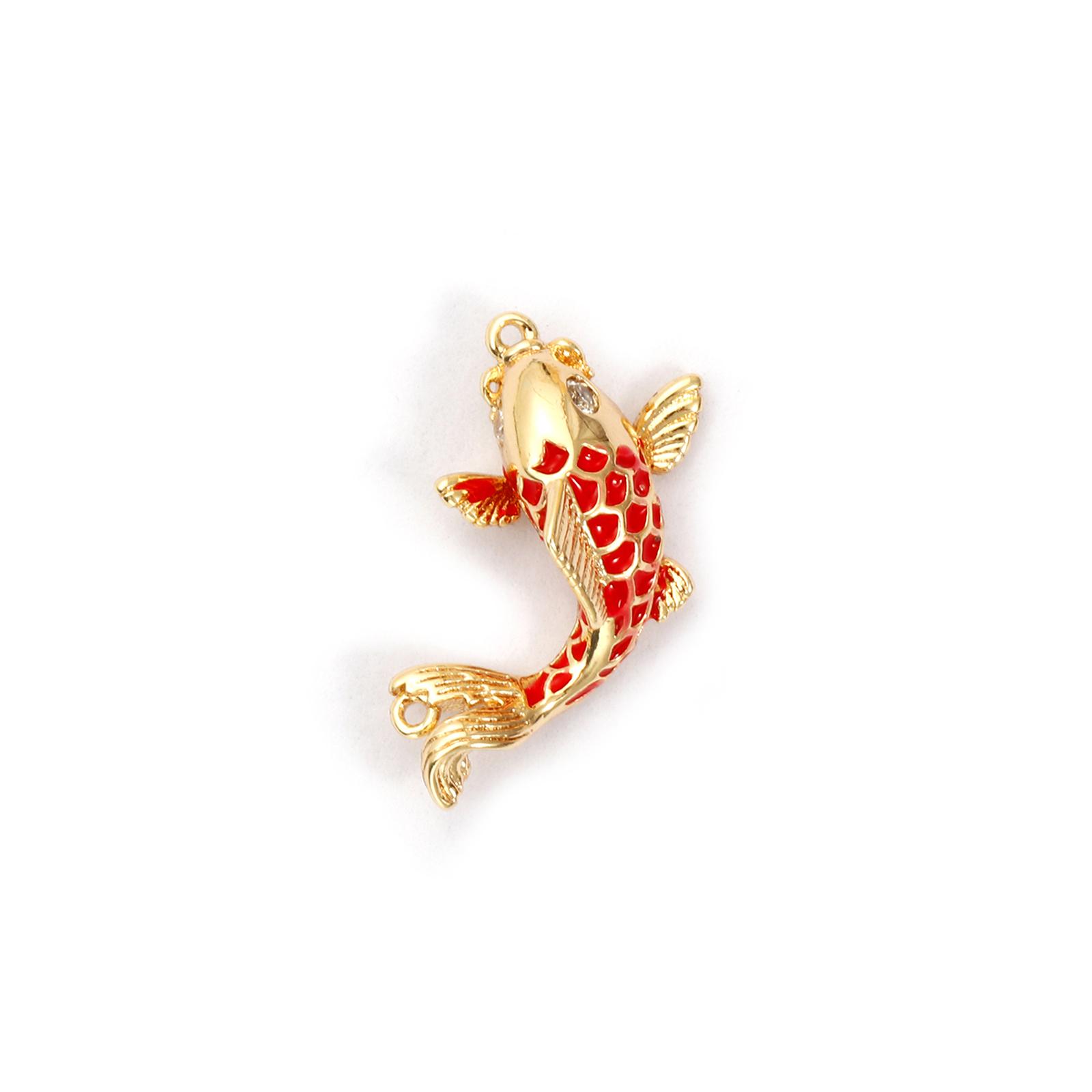 1pc Brass Koi Fish Good Luck Charms 18K Gold Plated Red Ocean Animal Clear Cubic Zirconia Pendant  For Jewelry Making Findings
