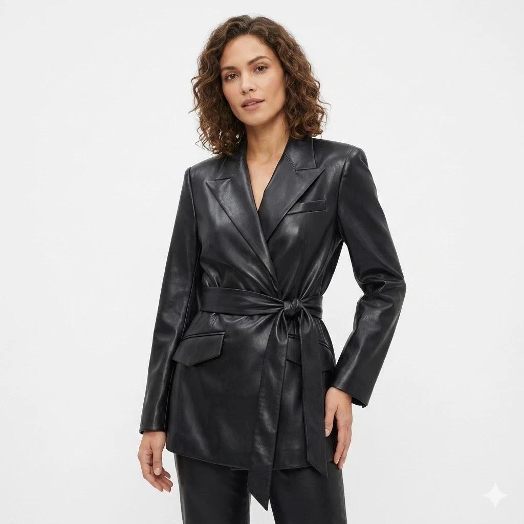 Women s Slim Fit Genuine Handmade Black Real Lambskin Leather Trench Coat Stylish S чёрный