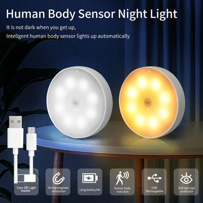 Bewegungsmelder-Licht, LED-USB-Nachtlichter, runde, aufladbare Lampe für Schlafzimmer, Küche, Treppe, Flur, Kleiderschrank, Schrankbeleuchtung