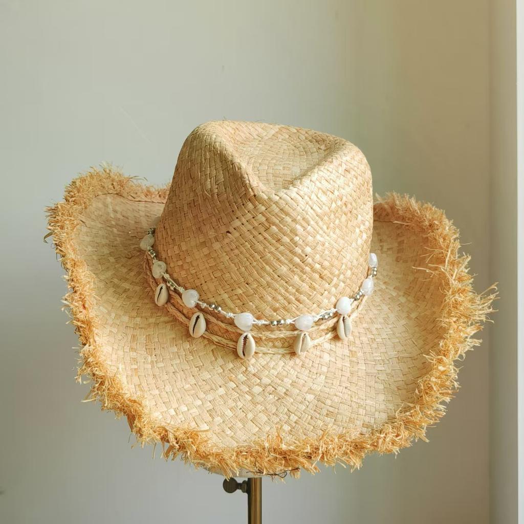 light Western Cowboy Straw hat women Natural Raffia Hats Fashion Large Brim soft straw hat Party Outdoor summer Beach Hat girl