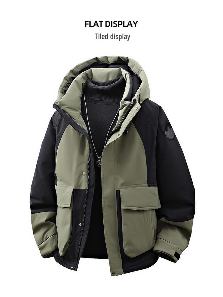Trendy Hooded Patchwork Down Jacket for Couples: Autumn/Winter, Two-Way Zipper, 90% White Duck Down, Fashion Forward