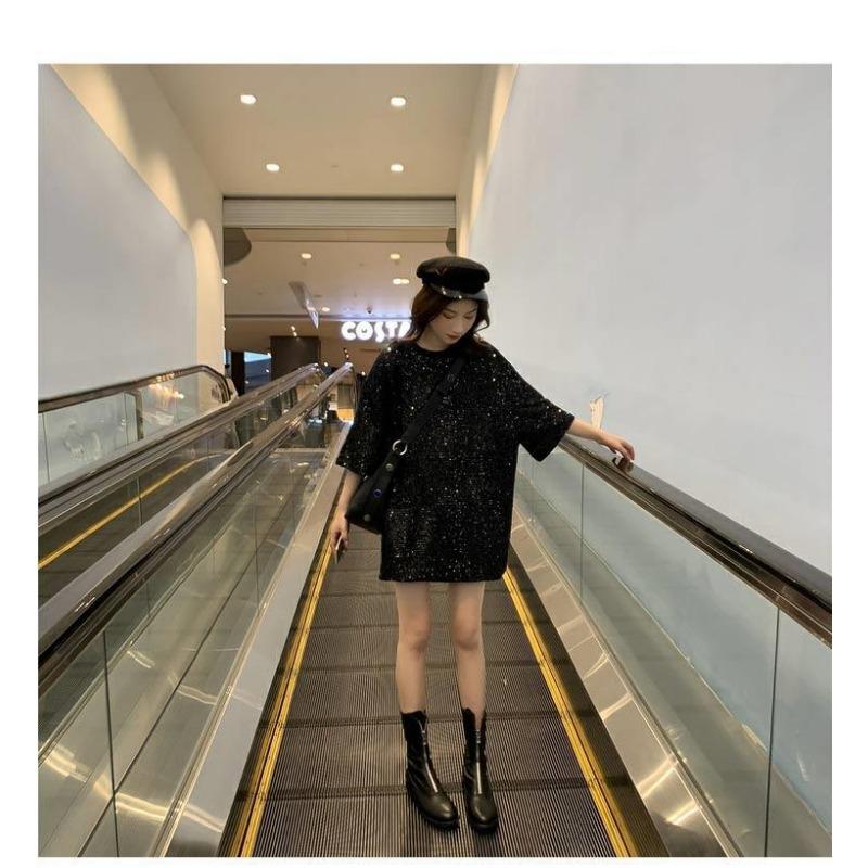 Koreanischer Frühling Sommer Midilänge BF-Stil Halbarm Pailletten T-Shirt Top Glänzend Locker Kleid