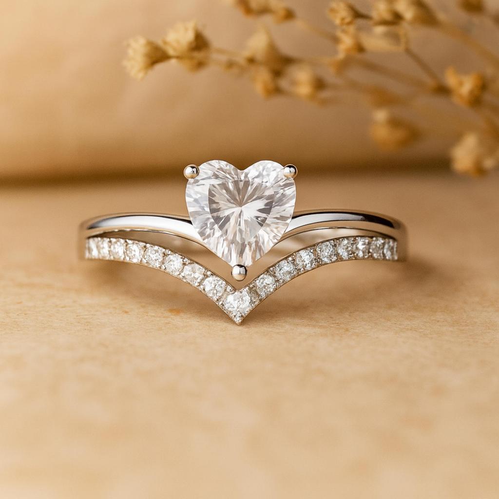 Heart Cubic Zirconia Ring with Round CZ Accents – Gold Plated 925 Sterling Silver Engagement Promise Ring for Women - Art Deco Bridal Jewelry Gift