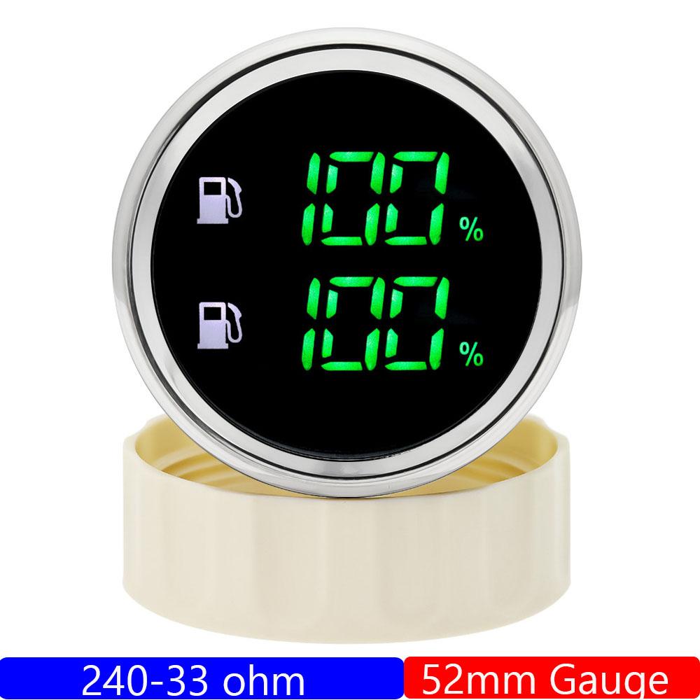 Green LED Digital 2 IN 1 Dual 52mm Fuel Level Gauge with Flashing Alarm 240-33 ohm Dual Oil Tank Level Meter for Car Boat