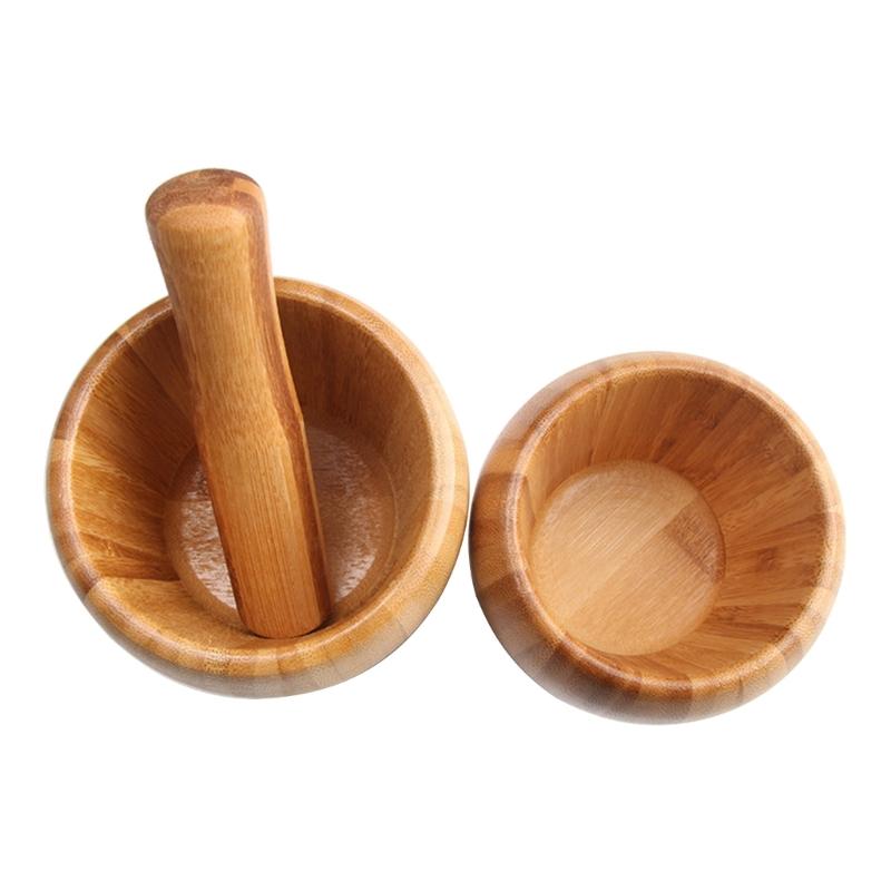 Bamboo Mortars and Pestle Set with Lid Pepper Garlic Spices Grinder Press Crusher Masher Kitchen Tool Grinding Bowl