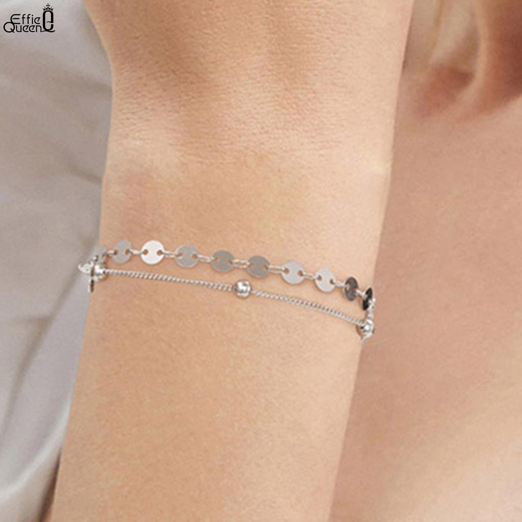 EFFIE QUEEN 925 Sterling Silver Round Bead Sequin Shiny Bracelet Daily Double Layered Chain Beads Bracelet Fashion Jewelry SB174