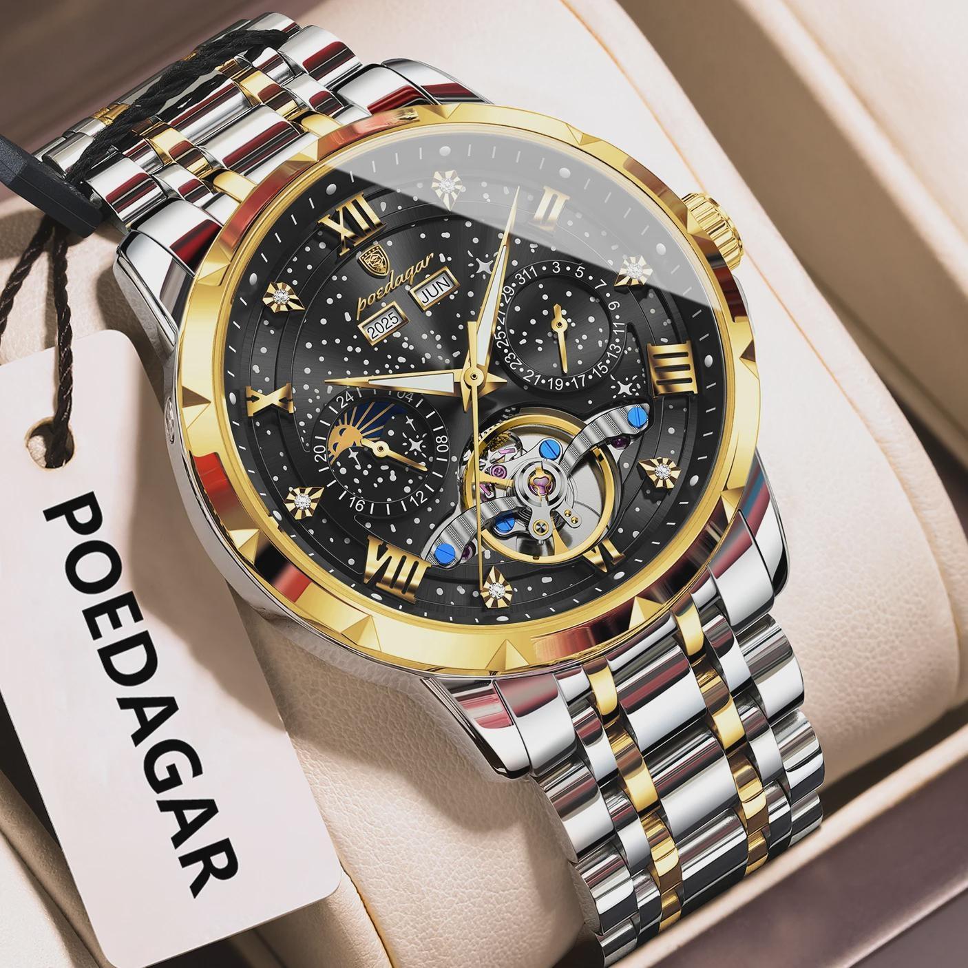 

POEDAGAR Classic Men s Watches Tourbillon Multi-function Full Automatic Men Watch Stainless Steel Men s Wristwatches золотий/чорний