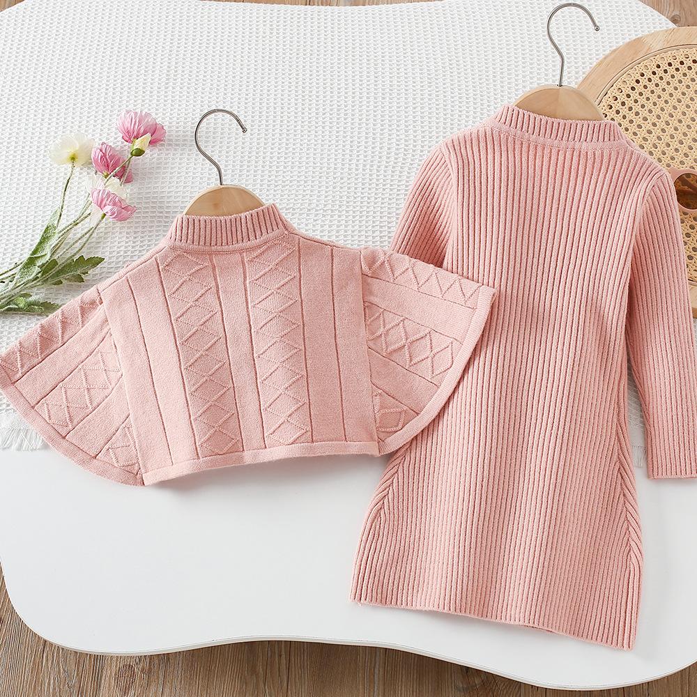 2025 New Autumn Korean Style Cape Knit Dress 2 Piece for Kids Clothing Set Bowknot Long Sleeve Dress Set