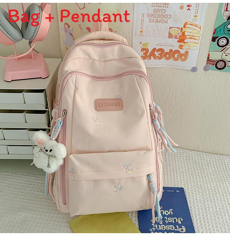 Cute Bowknot Embroidery Student Backpack For Middle School Girls Nylon Schoolbag