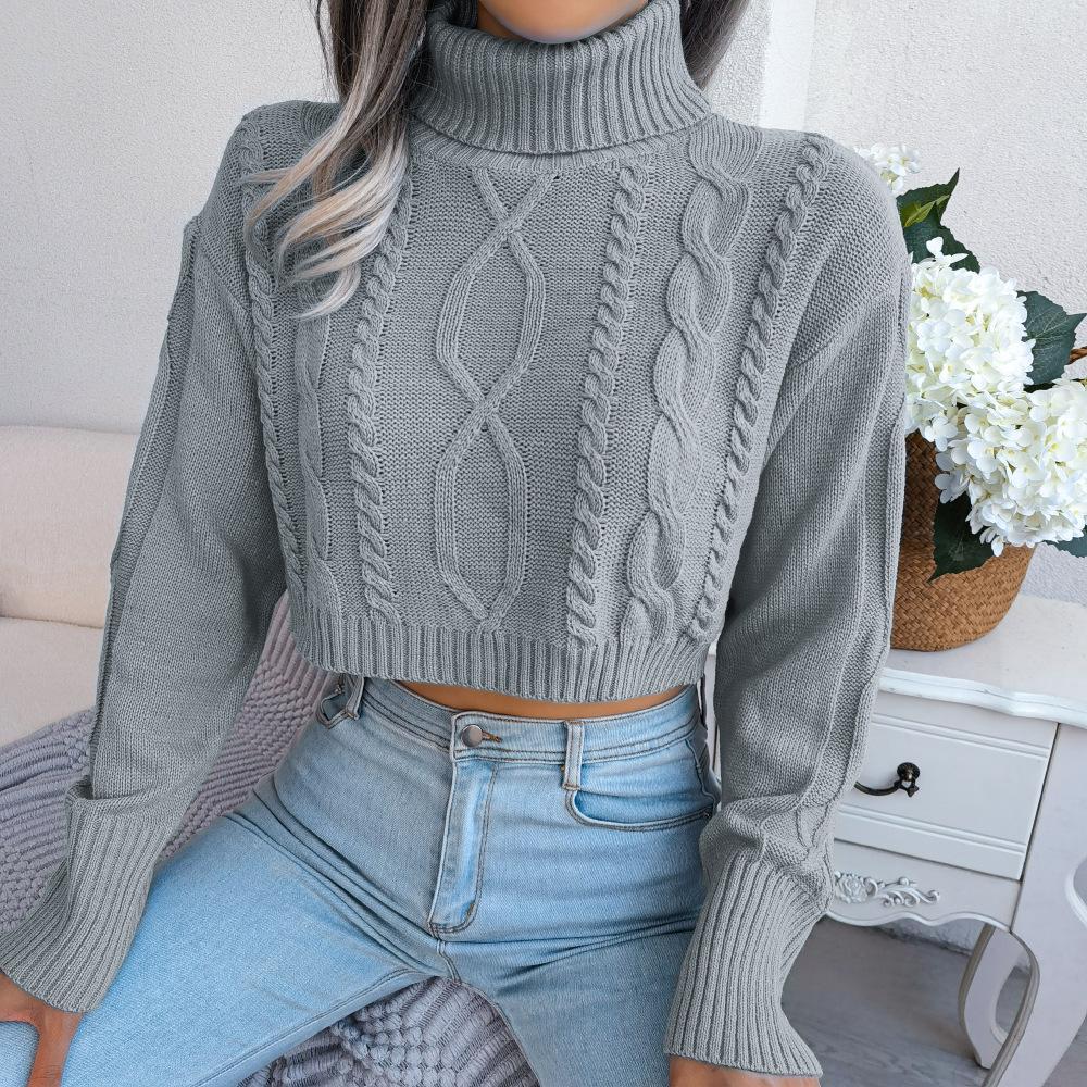 Fashionable Twisted-cable Long-sleeved High-neck Cropped Pullover Knit Top for Women