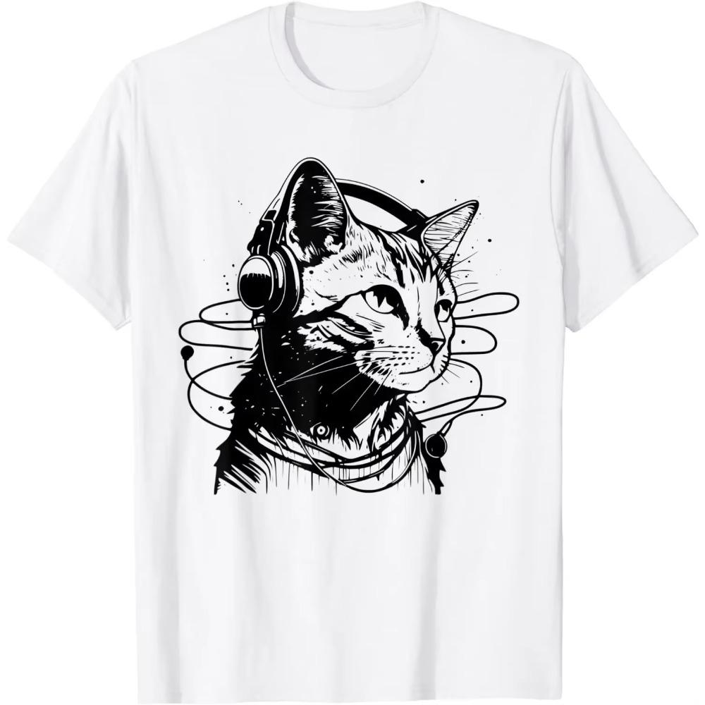 

Кот в наушниках Смешной кот Винтажная смешная футболка Графические футболки Футболка оверсайз Четыре сезона Повседневные футболки Повседневный XXXXXL белый