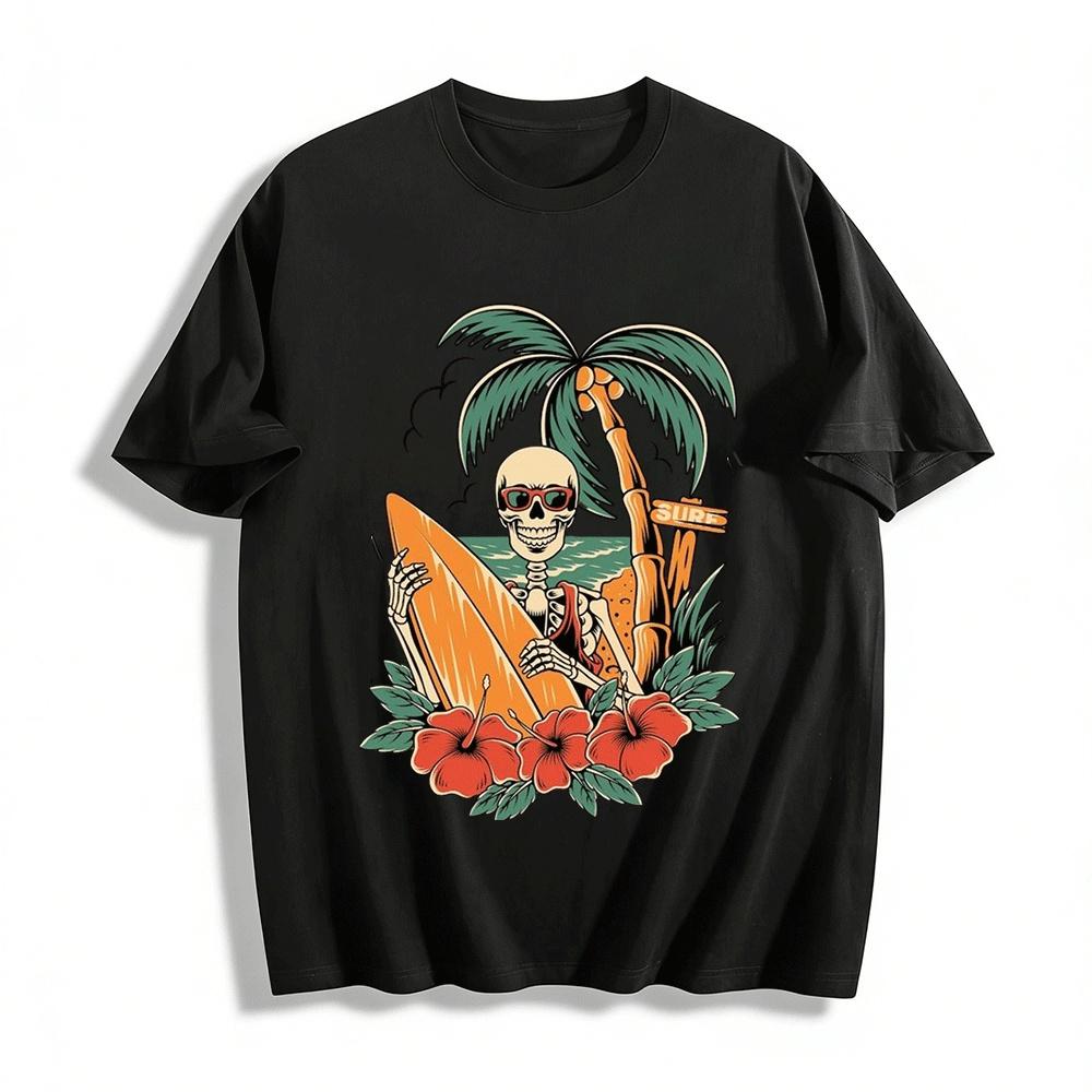 

Vintage Skull Surfing Coconut Tree Graphic Short Sleeve Tee Pure cotton T-shirt XXS
