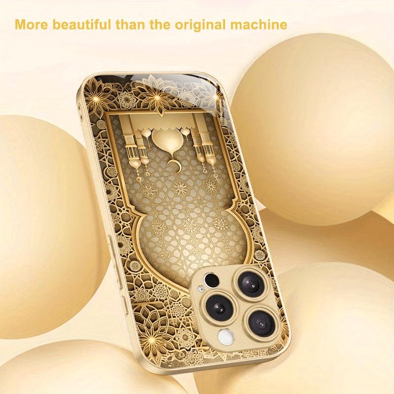 Lüks Altın Saray Desenli Altın Metalik Boyalı Cam Telefon Kılıfı iPhone 17 16 15 14 13 12 11 Pro Max 15 Plus 17Air 16E İçin Kılıf