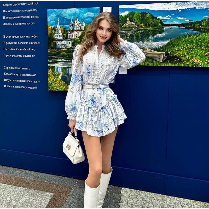 Ladies' Printed Stand Up Collar Bubble Sleeve Long Sleeved Ruffle Edge Short Skirt Casual Slim Fit Dress Blue Print Summer New Collection Waist Dress
