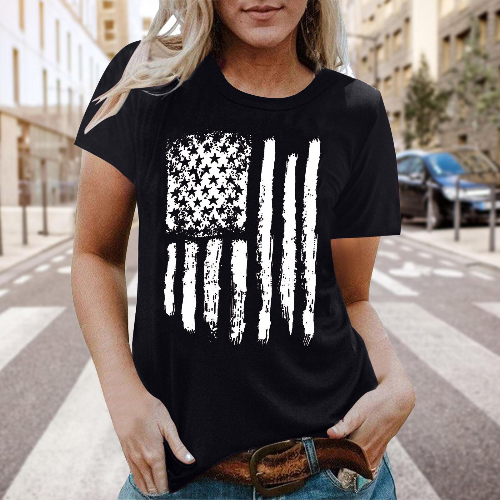 Real shot Amazon Independence Station Cross-border European, American Independence Day Printed Short Sleeve Top Women s Summer Outer Bottom Shirt S