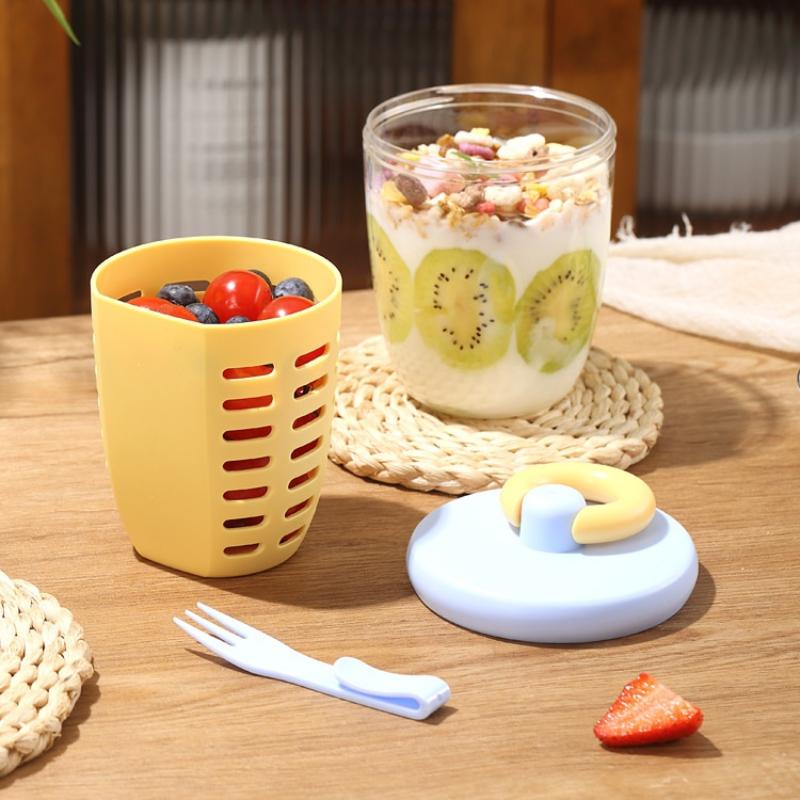 Salatschale mit Gabel, doppelwandig, mit Abtropfvorrichtung, Obstbecher, Kunststoff-Salatbehälter, multifunktional, tragbar, Joghurtbecher, Küchenzubehör