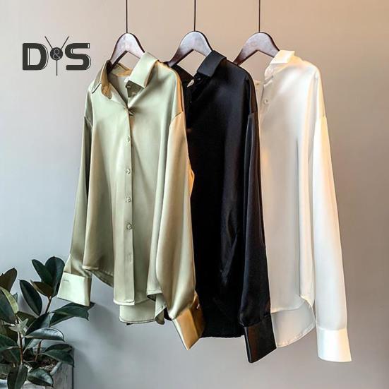 Damen-Hemd mit Revers, langärmelig, einreihig, Oberteile, einfarbig, glatter Satin, lockere Passform, vielseitiges Hemd