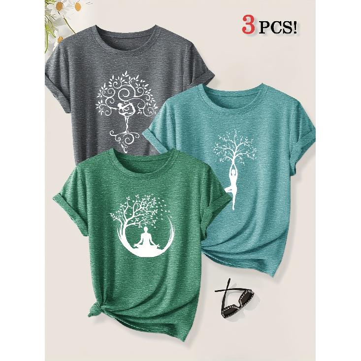 2026 3 Pack Harmony Between Man And Nature Yoga Print Women Short Sleeve T Shirts Casual Sports Holiday Tops Summer Autumn Tees