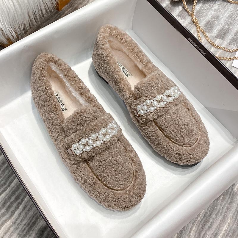 Fashion Luxury Winter crystal flower cotton shoes women shearling loafers sneakers warm plush moccasins fur flats woman plus size 42/43