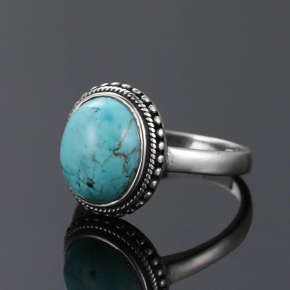 S925 Silver Vintage Ring With Natural Turquoise Stone Rings Oval and Round Shape Flower Carved Rings For Women Men