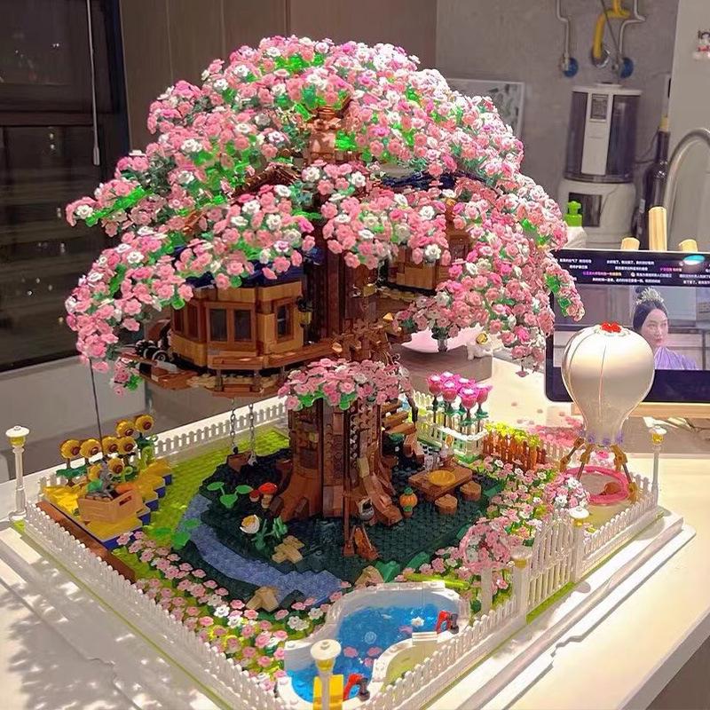 Cherry Blossom Treehouse Building Blocks - High Difficulty Princess Series for Girls' Birthdays.