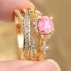 Small Crown Charm Female Pink Opal Finger Ring Set Vintage Gold Color Wedding Band Bridal Jewelry For Women