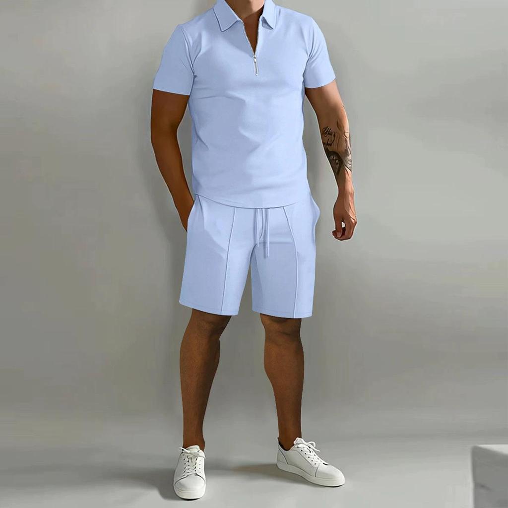 Letní pánský módní trend Fitness Sportovní volný oblek s krátkým rukávem a šortkami Pánské ležérní jednobarevné POLO tričko