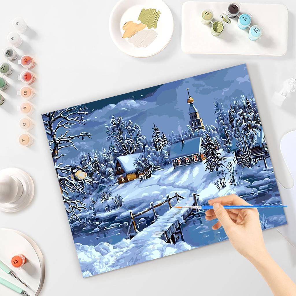 Rahmenmalen nach Zahlen für Starter-Set, Schneehaus, Landschaft, Weihnachtsgeschenk, Acrylfarbe auf Zahlen für Heimdekorationen, 40 x 50 cm