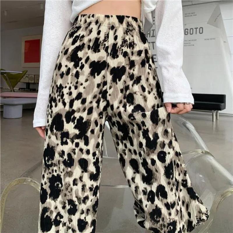 Leopard Print Wrinkled Wide Leg Women's Summer New Patchwork Tie Dye Elasticized High-waisted Loose Straight Casual Pants
