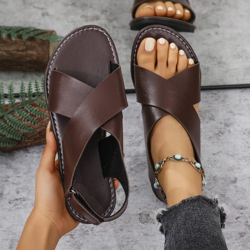 Fashion Summer New Flat Sandals for Women Cross Buckle Design Open Toe Women's Sandals Velcro Women's Shoes Vintage Style Beach Sandals