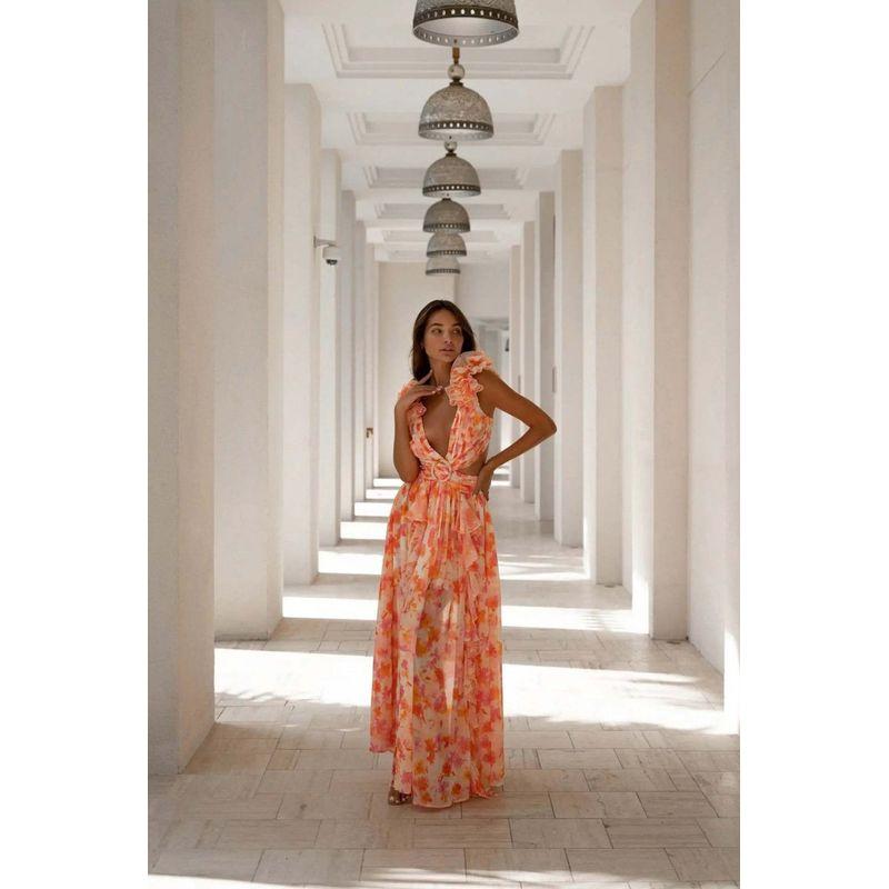 Floral Ruffled V Deep Fit Slim Hollow Dress Backless Slim dress