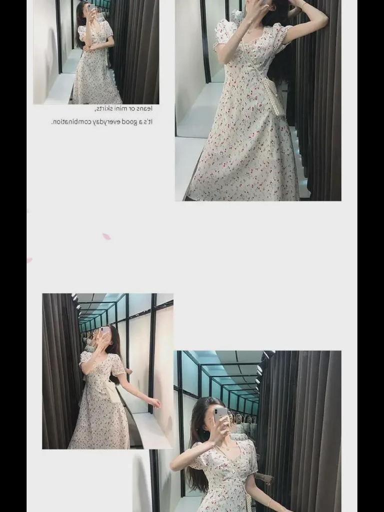 Women's New Arrival 2025 Summer Floral French Dress - Square Collar, Wide Waist, Casual Fashion