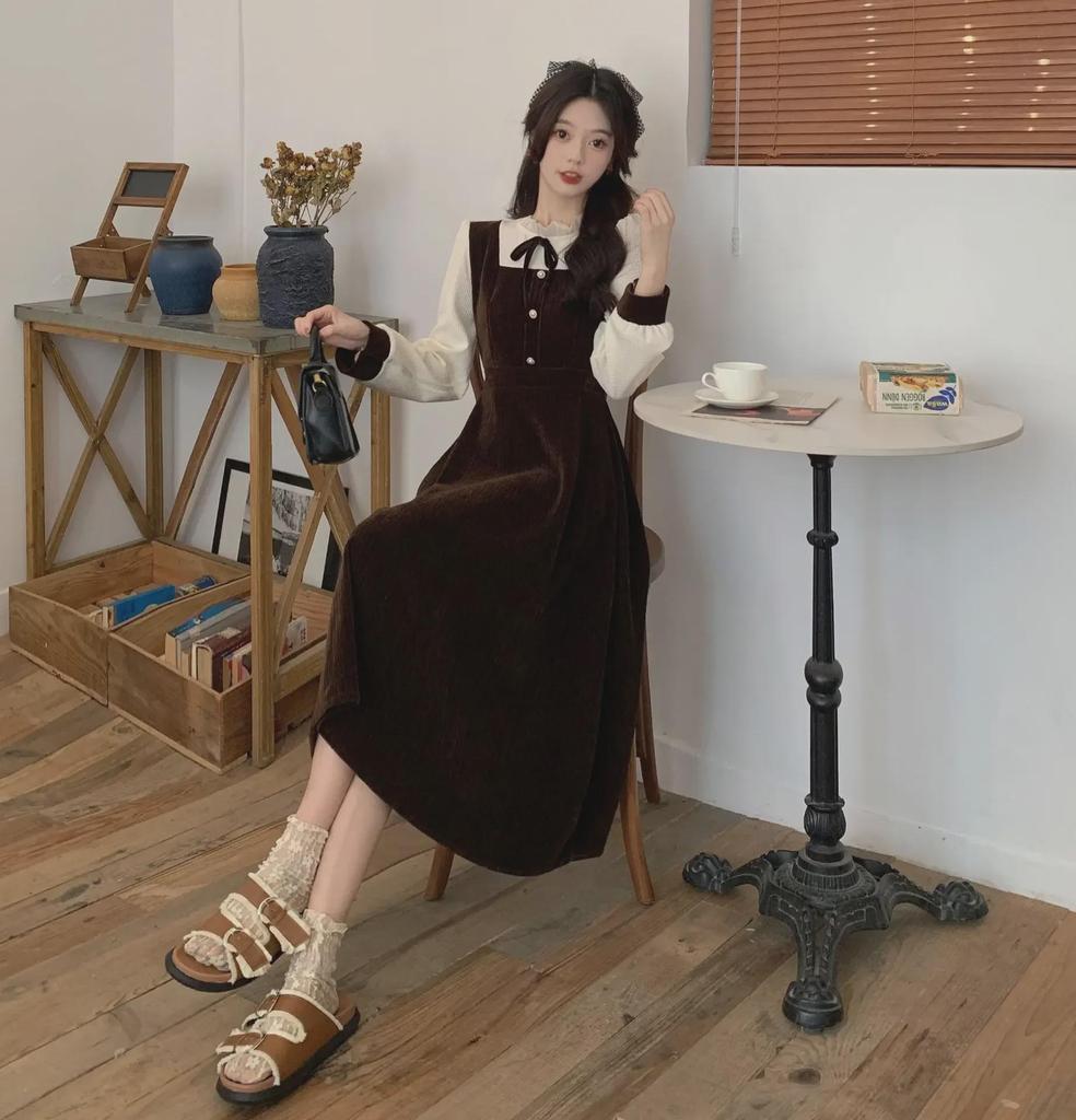 [Hochelastischer Cord] Französisches Retro-Mantelkleid mit Rüschen