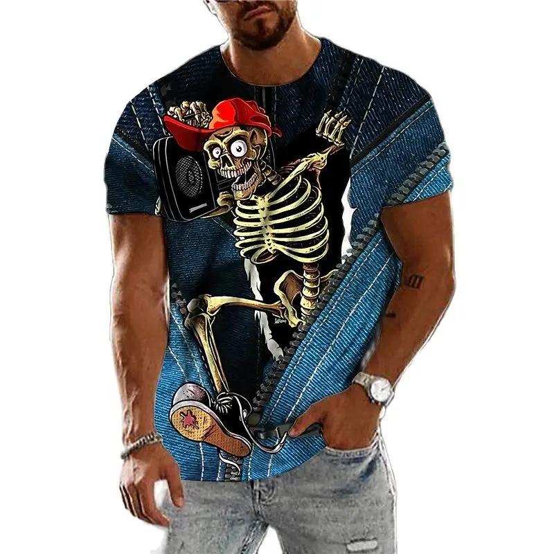 Summer Round Neck 3D Vintage Horror Skull Print Top Fashionable Casual Short Sleeved Men's T-shirts