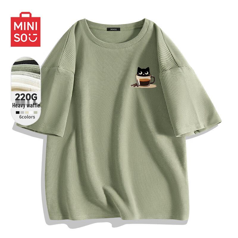 MINISO Men's Waffle Knit Short Sleeve T-Shirt with Cat Coffee Logo