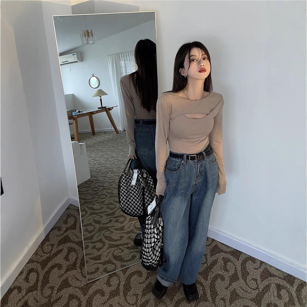 Hollow Long-sleeved T-shirt Women's Autumn New Hot Girl Sexy Slim Design Base Shirt Student Top