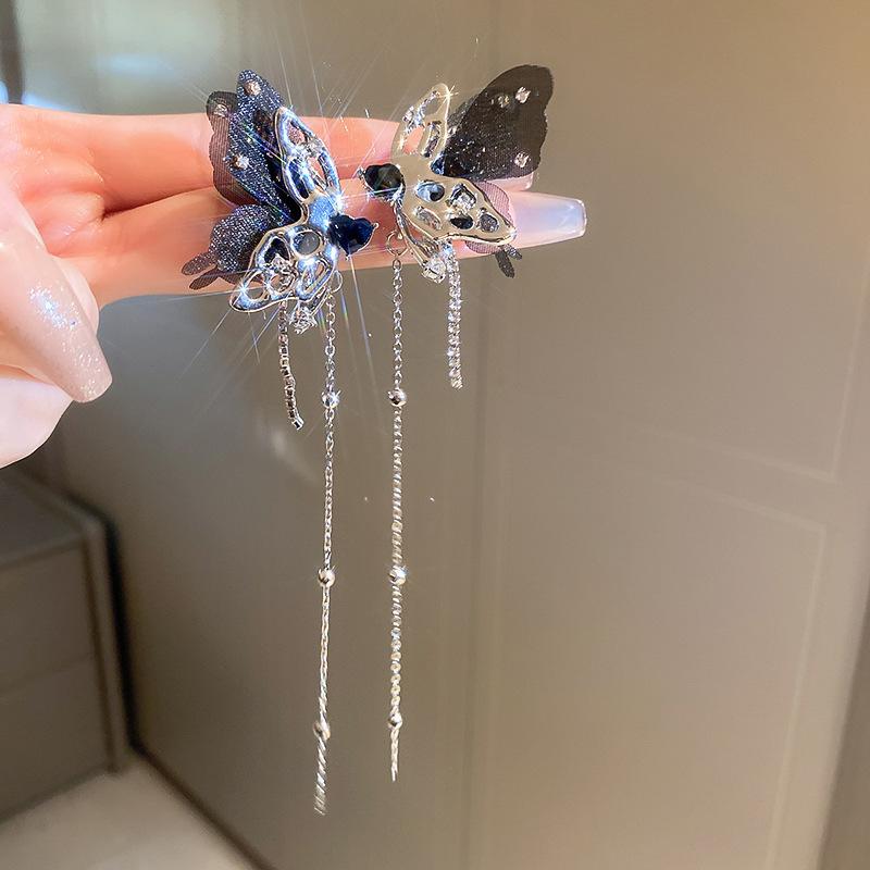 European and American Black Diamond-encrusted Butterfly Flower Fringed Earrings Temperament Earrings Light Luxury Earrings Women