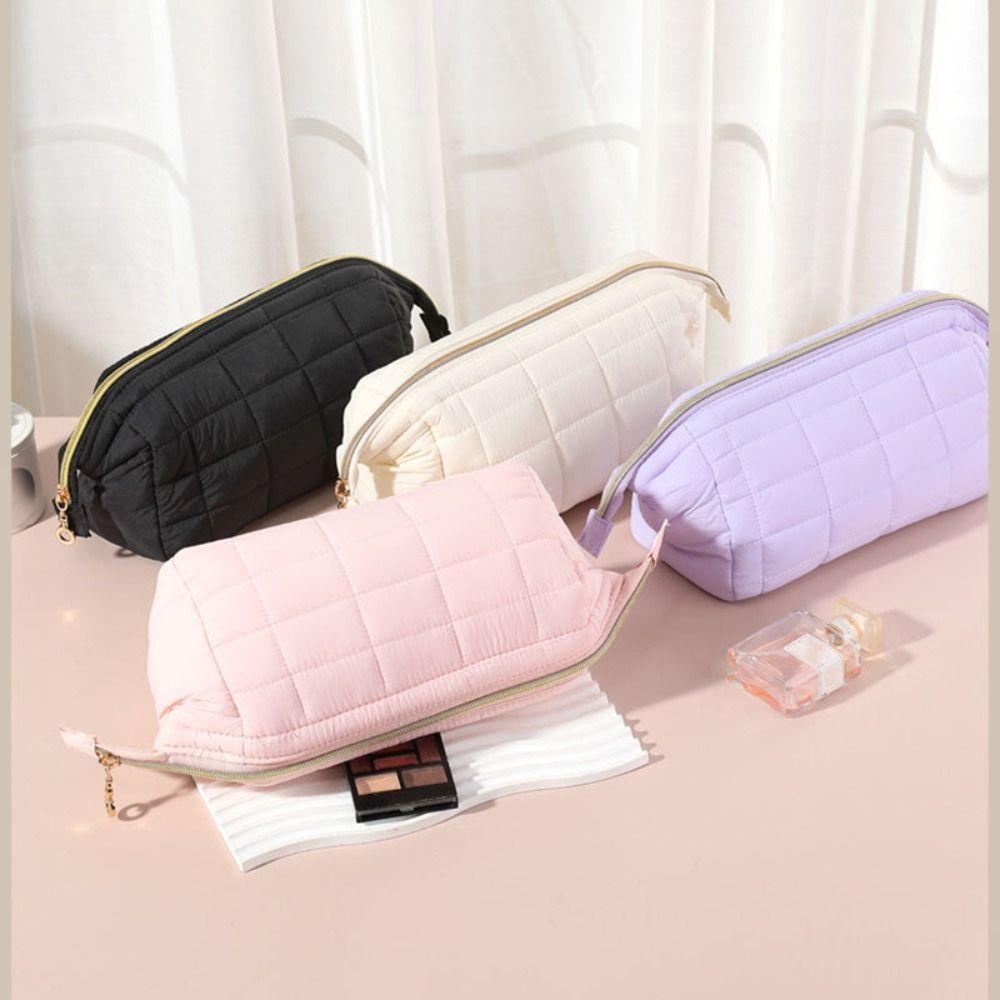 Puffy Padded Travel Cosmetic Bag Solid Color Wide-open Makeup Bag Women Makeup Organizer Case Large Capacity Toiletry Bag