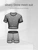 Men Sexy Crop Tops Transparent Fishnet Boxers Set Mesh Lingerie Man T-Shirt Hollow Out Net Clubwear Silvery Shine