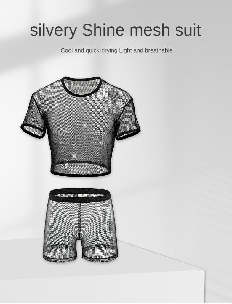 Men Sexy Crop Tops Transparent Fishnet Boxers Set Mesh Lingerie Man T-Shirt Hollow Out Net Clubwear Silvery Shine