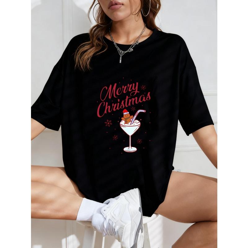 Christmas T Shirt White Merry Christmas Cocktail And Gingerbread Man Print Casual Wear For Holiday Season