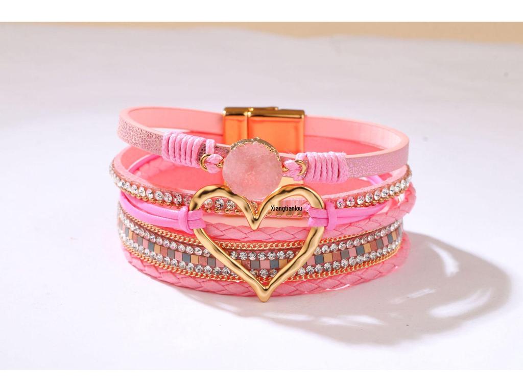 Bohemian Heart Rhinestone Magnetic Clasp Faux Leather Bracelet for Women