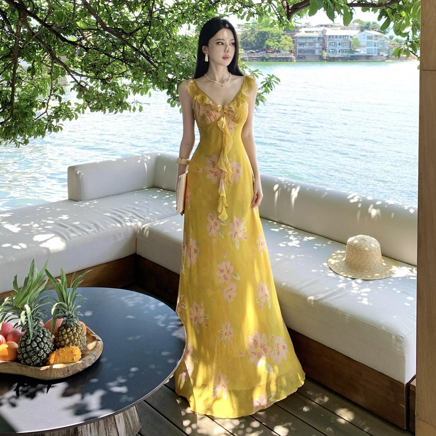 French ruffle leaf edge suspender holiday style dress fairy dress summer seaside atmosphere yellow floral medium and long dress S