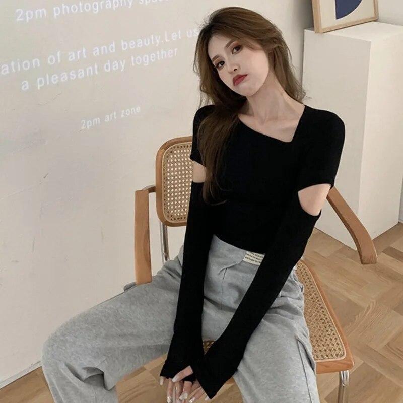 Autumn Spring Women's Knit Cropped Top Skinny Blouse Asymmetrical Collar T-Shirt Girls Stylish Cutout Long Sleeve Knitted Casual Tops Tee