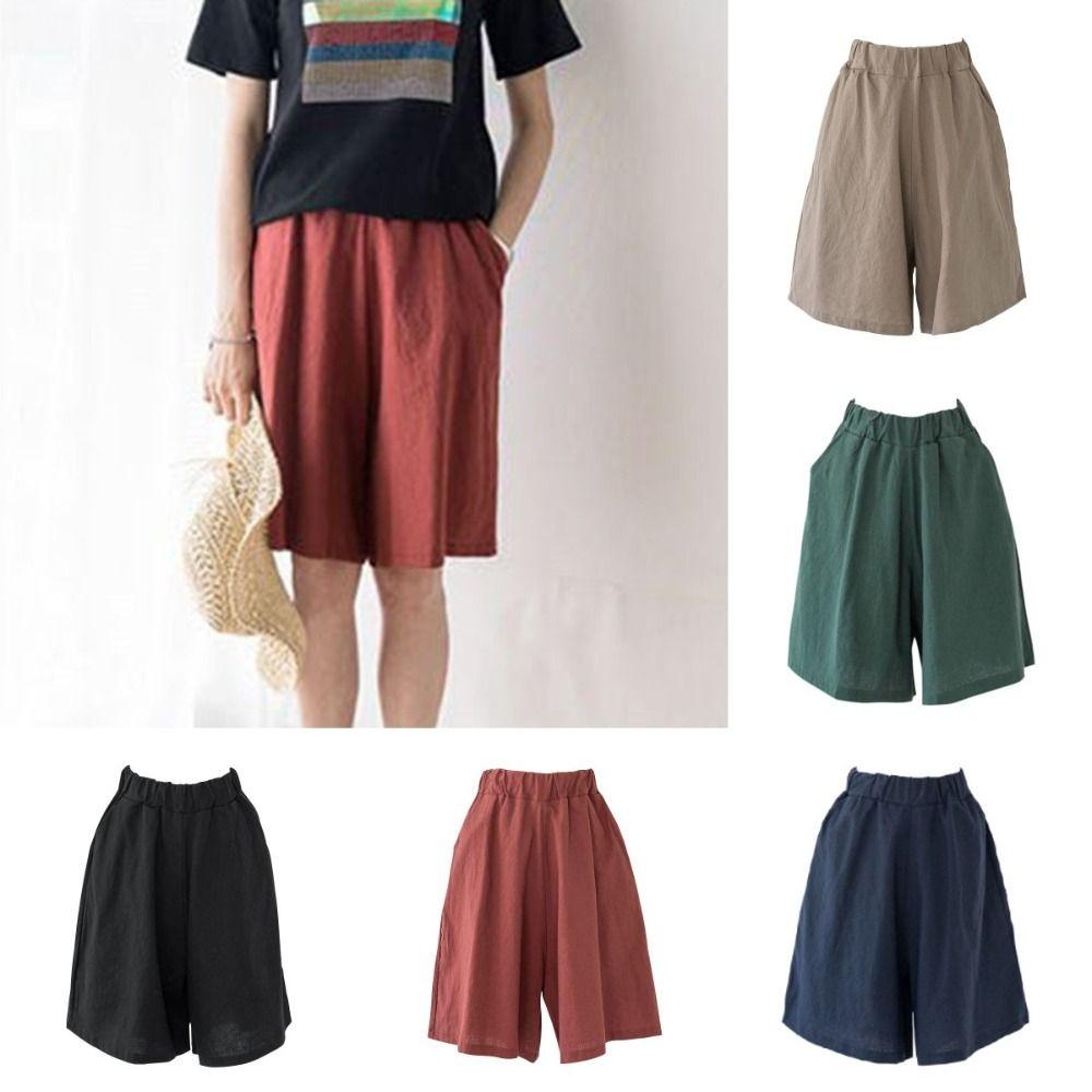 Fashion Elastic Waist Women Fifth Pants Linen Cotton Loose Casual Shorts Wide Leg Plus Size Knee Length Trousers Holiday