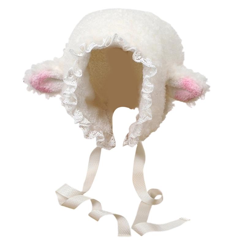 Furry Cartoon Head Cover with Ear for Outdoor Sports Furry Hat Bonnet Lamb Oversized Headgear Hat for Winter